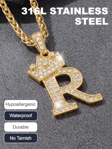 U7 Crown Initial Necklace Men Women, Bling Diamond A-Z 0-9 Letter Pendant with Wheat Chain, Silver/Black/Gold Plated CZ Alphabet Number Hip Hop Jersery for Father Husband - color: a. Gold, size: 18. R