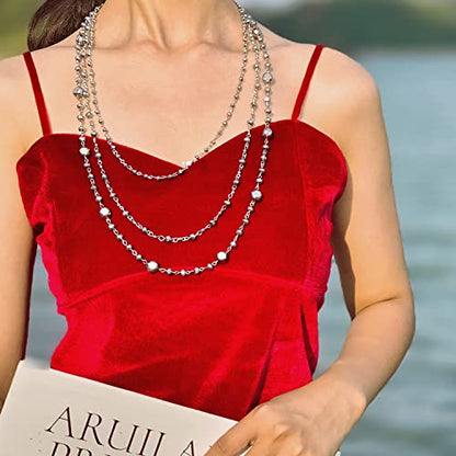 Firstmeet Long Chain Multi Layer Fashion Glass Beads Handmade Necklace for Women - color: Silver Grey-bk