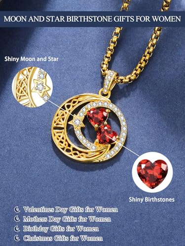 14K Gold Moon and Star Double Birthstone Necklace Gifts for Women | 2 Heart Birthstone Necklace,Mothers Day Wedding Anniversary Birthday Gifts for Wife Mom Daughter Grandma Sister - color: 01-01-Jan-Jan Birthstone