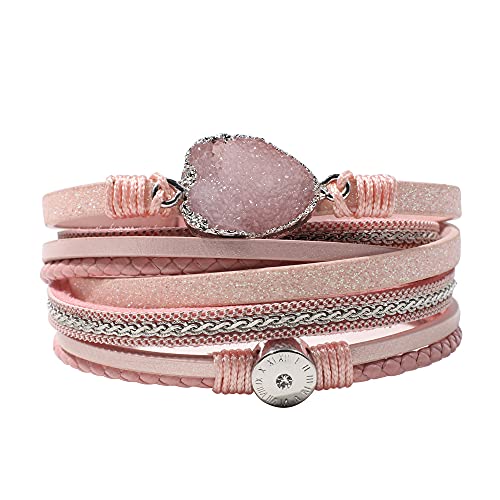 Artilady Leather Wrap Bracelet for Women, Pearl Beaded Bangle Stack Jewelry | Easy on-off, Elegant Handmade Multi-Layered, Daily Casual Date Beach Vacation, Gift for Ladies, Mother, Sister & Friend - style: Pink