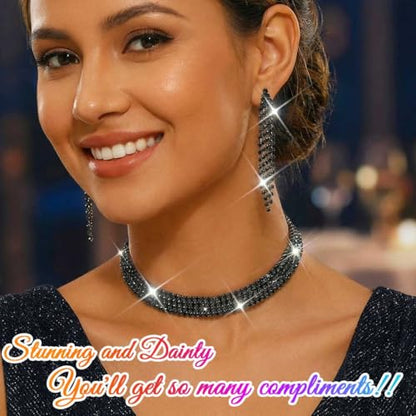 Rhinestone Bridal Wedding Jewelry Sets Silver Choker Necklace Earrings Set Prom Formal Costume Jewelry Set for Women and Brides - color: Black
