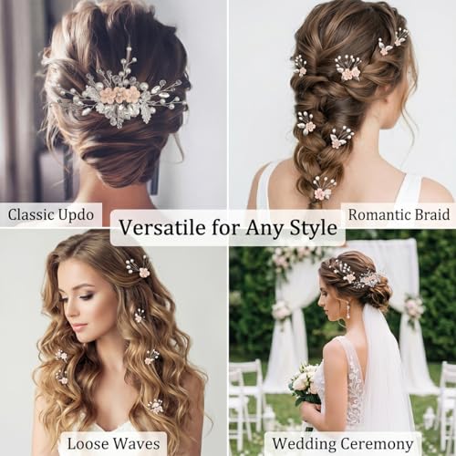 6 Pcs Bridal Flower Wedding Hair Pins Crystal Pearl Hair Clips Headpiece Wedding Hair Accessories Jewelry with Rhinestone for Brides Bridesmaids Women Girls Updo(Pink) - color: Pink6Pcs