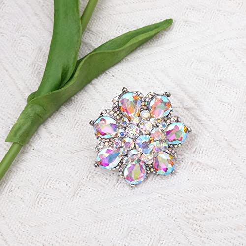 Flower Shape Crystal Cocktail Stretch Ring Party Prom Floral Statement Elastic Ring for Women - color: AB crystal-Platinum tone