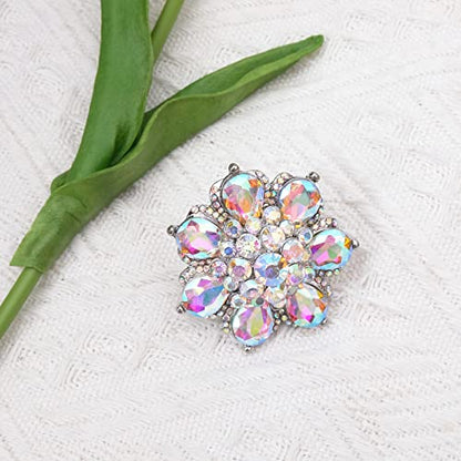 Flower Shape Crystal Cocktail Stretch Ring Party Prom Floral Statement Elastic Ring for Women - color: AB crystal-Platinum tone