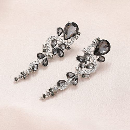 Fashion Rhinestone Statement Drop Dangle Earrings Long Colorful Crystal Bridal Wedding Teardrop Chandelier Earrings for Women Prom Pageant - color: Grey