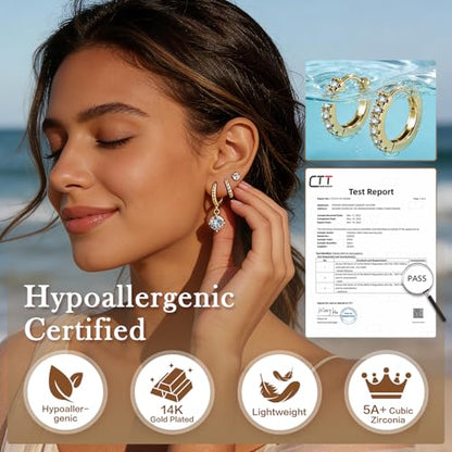 14K Gold Hoop Dangle Stud Earrings Surgical Steel Helix Piercing | Hypoallergenic,Cubic Zirconia,3 Pairs Huggie Hoop Set for Women,Dangle Stud,Cartilage Tragus Conch Earring,Jewelry Gift - color: A6-Gold Round CZ C