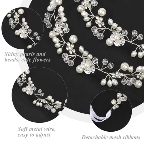 Wecoe Flower Girl Headpieces 2pcs Silver Crystal Beads Pearl Headbands Wedding Bridal Flower Girl Hair Accessory Princess Hair Accessories for Birthday, Party, First Communion, Baptism - color: Silver B