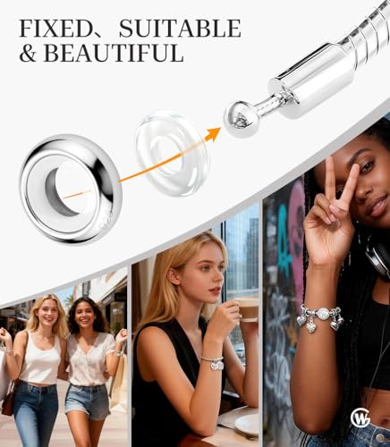 GW Stopper Charms 925 Sterling Silver Round Rondelle Spacer Beads with Exquisite Velvet Bag for Charm Bracelets for Women - color: Silver-6PCS