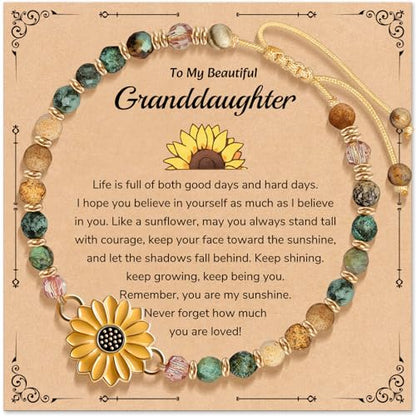 Inspirational Bracelets Gifts for Women: Healing Natural Stone Beads Bracelets - Birthday Mothers Day Gifts Thinking of you Get Well Soon Gift for Women Friends Sister Mom - color: SUNFLOWER-GRANDDAUGHTER