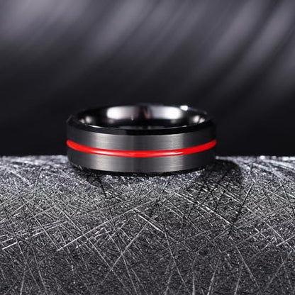 King Will Mens Tungsten Rings for Men Two Tone Grooved Mens Wedding Band Cool - color: Black & Red