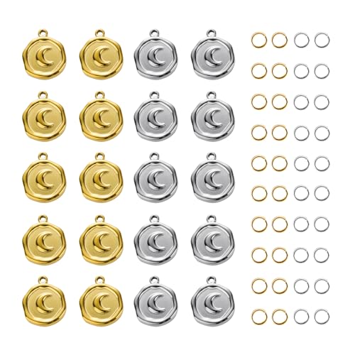 20 Pack Moon Charms for Jewelry Making Stainless Steel Round Pendant Charm Bulk with Jump Rings - color: Moon Gold Silver