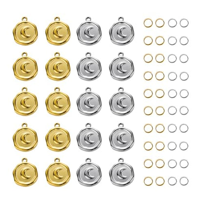 20 Pack Moon Charms for Jewelry Making Stainless Steel Round Pendant Charm Bulk with Jump Rings - color: Moon Gold Silver