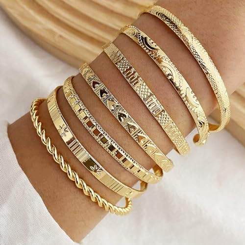 IFKM Gold Bangle Bracelets For Women, 14k Gold Plated Multi Layer Stackable Cuff Bracelet Set, Trendy Elegance Charms Non Tarnish Minimalist Textured Boho Jewelry Gift for Women - style: 7pcs Hexawn star twist