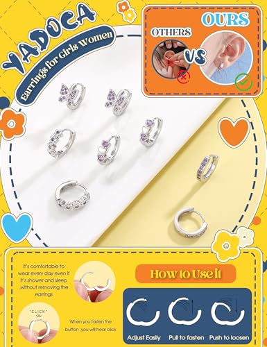 925 Sterling Silver Post Small Hoop Earrings For Girls - Hypoallergenic Huggie Earrings for Women Cute Heart Flowers Butterfly Star Cubic Zirconia Cartilage Earrings For Sensitive Ears 4Pairs - color: Purple