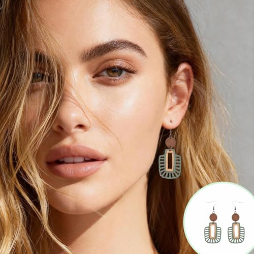 Bohemian Boho Olive Green Wooden Dangle Earrings for Women, Vintage Western Geometric Teardrop Style