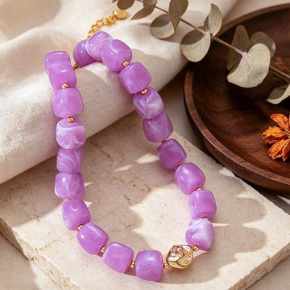 Beaded Necklaces for Women Boho Chunky Necklace Statement Big Resin Bead Choker Fashion Summer Beach Jewelry - color: Light Purple