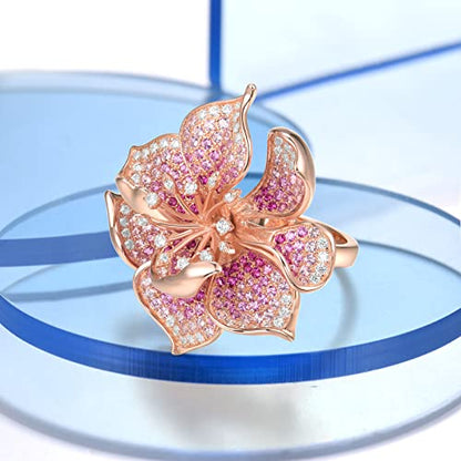 Santuzza Sterling Silver Gemstone Flower Ring for Women - color: [A]Hibiscus-Pink