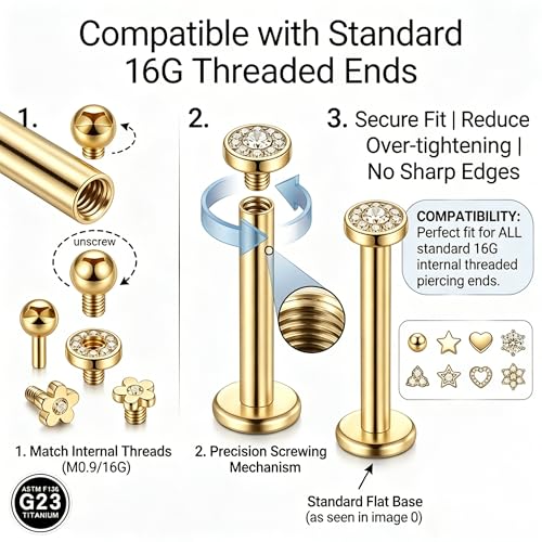 DJCIW G23 Titanium 18G Internally Threaded Flat Back Labret Post Only, 6-12mm Replacement Piercing Shaft for Helix Tragus Nose Lip - color: gold-16G=1.2*6/8/10/12mm
