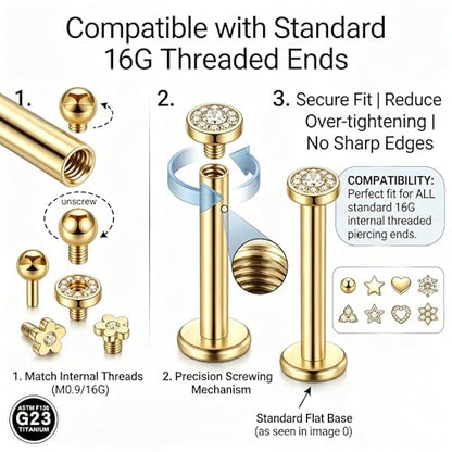 DJCIW G23 Titanium 18G Internally Threaded Flat Back Labret Post Only, 6-12mm Replacement Piercing Shaft for Helix Tragus Nose Lip - color: gold-16G=1.2*6/8/10/12mm