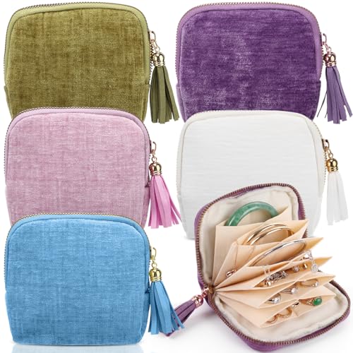 Hsei 5 Pack Small Travel Jewelry Case Bulk Mini Jewelry Organizer for Women 6-layer Velvet Zipper Pouch Bag Bridesmaid Gifts for Bangles Link Bracelets Storage Protect