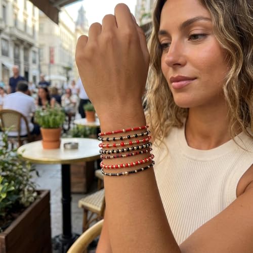 Colorful Stackable Rice Small Mini Seed Beaded Bracelets Set For Women, Handmade Dainty Boho Gold Glass Stretch Accessories Jewelry,Summer Beach Party Daily Friendship Gift - color: 8Pcs Black Red