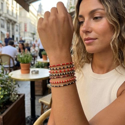 Colorful Stackable Rice Small Mini Seed Beaded Bracelets Set For Women, Handmade Dainty Boho Gold Glass Stretch Accessories Jewelry,Summer Beach Party Daily Friendship Gift - color: 8Pcs Black Red