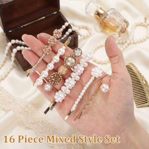 16 Pack Gold Rhinestone Pearl Decorative Bobby Pins Set Cute Hair Barrettes | Gold Hair Clips, Metal Hairs Pin, Small Fancy Bobby Pins for Women, White Bobby Pin, for Women
