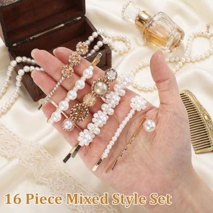 16 Pack Gold Rhinestone Pearl Decorative Bobby Pins Set Cute Hair Barrettes | Gold Hair Clips, Metal Hairs Pin, Small Fancy Bobby Pins for Women, White Bobby Pin, for Women