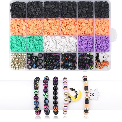 Halloween Beads for Friendship Bracelet Kit, 2000+ Pcs Halloween Clay Beads and Black Letter Bracelet Making Kit Suitable for Ages 14 and Above - color: Halloween Bracelet Bead Set