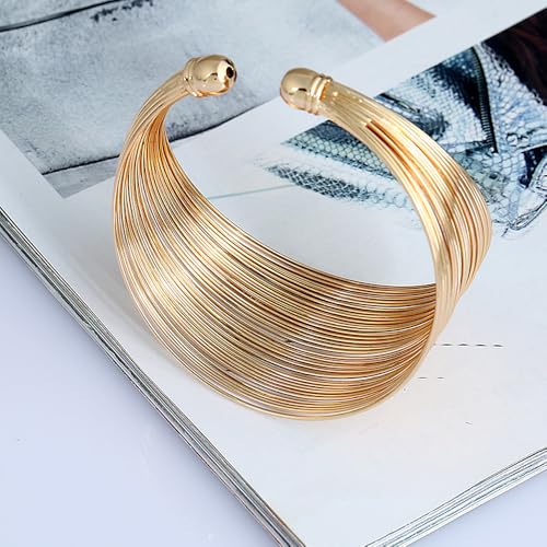 Layered Wire Open Cuff Bracelets for Women Chunky Gold Stacking Statement Bracelets Geometric Lines Minimalist Bangle Trendy Party Wrist Jewelry Gifts - color: Gold