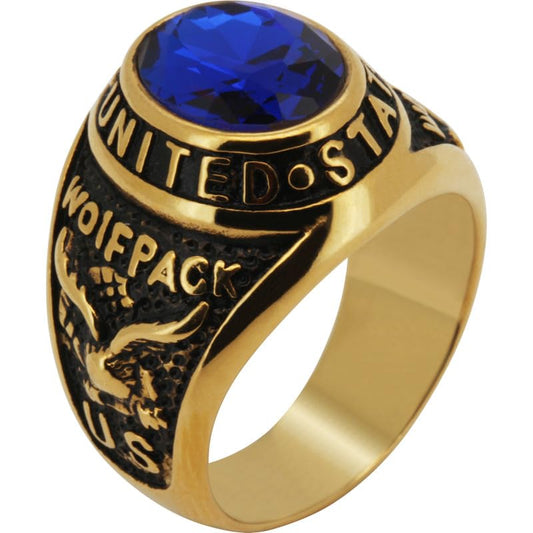 316L Stainless Steel 18k Yellow Gold Plated AAA Cubic Zirconia US Army Wolfpack Birthstone Signet Ring - color: GOLD-BLUE