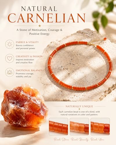 Natural Heishi Gemstone Choker Necklace for Women, Adjustable 15"+2" Beaded Layering Necklace, Coastal Beach Jewelry Gift for Her - color: Carnelian