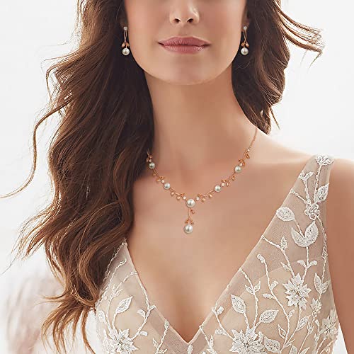 EVER FAITH Cubic Zirconia Pearl Leaf Vine Wedding Jewelry Set for Bride | Crystal Filigree Bridal Necklace Earrings, for Women Bridesmaid - color: 2pcs_Champagne Rose Gold-Plated-Brass