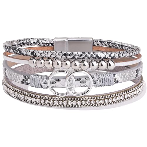 Chunky Boho Leather Wrap Bracelets Cowgirl Beaded Circle Western Jewelry | Stackable Infinity Layered Bohemian Magnetic Clasp Cuff Statement Fashion Colorful Country Hippie Outfits for Women Trendy - color: Snakeskin Silver