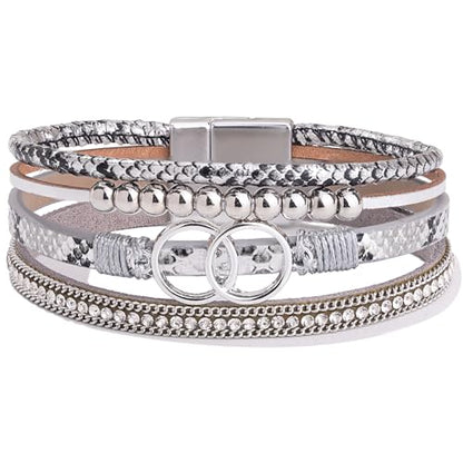 Chunky Boho Leather Wrap Bracelets Cowgirl Beaded Circle Western Jewelry | Stackable Infinity Layered Bohemian Magnetic Clasp Cuff Statement Fashion Colorful Country Hippie Outfits for Women Trendy - color: Snakeskin Silver