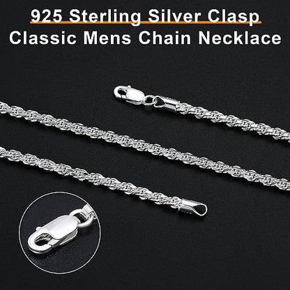BRIJEWNES 925 Sterling Silver Clasp 2/2.5/3/4/5mm Silver Chain for Men Mens Necklace Rope Chain Necklace Diamond Cut Silver Mens Chain Necklace 16 18 20 22 24 26 28 30 Inches - size: 20, style: 3mm