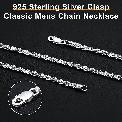 BRIJEWNES 925 Sterling Silver Clasp 2/2.5/3/4/5mm Silver Chain for Men Mens Necklace Rope Chain Necklace Diamond Cut Silver Mens Chain Necklace 16 18 20 22 24 26 28 30 Inches - size: 22, style: 3mm