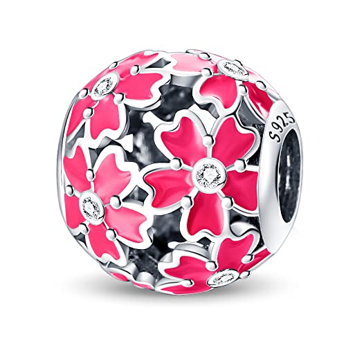 Pandach 925 Sterling Silver Charms Beads for Bracelets and Necklaces Butterfly and Headphones Pendants Clover Charms Jewelry Gift for Women - style: Pink Cherry Blossom Round Charm