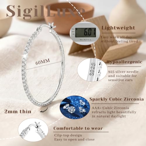 2MM S925 Sterling Silver Post Cubic Zirconia Hoop Earrings Hypoallergenic | 14K Gold Plated - color: Silver-60MM