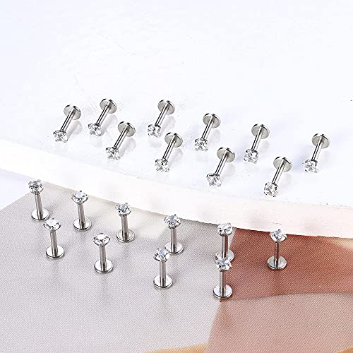 Helicopchain 20Pcs 16G Hypoallergenic Stainless Steel Lip Studs Labret Piercing With 3mm CZ Cartilage Tragus Helix Monroe Piercing Stud Jewelry 6mm 8mm 10mm - style: 6mm