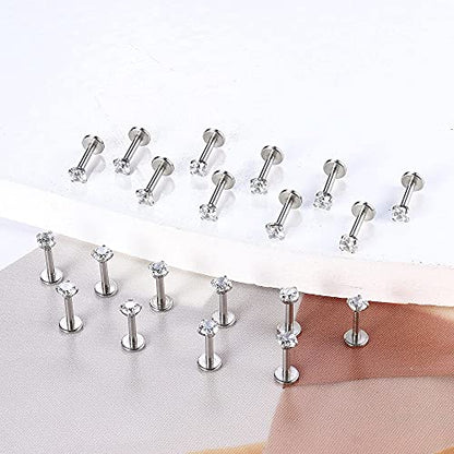 Helicopchain 20Pcs 16G Hypoallergenic Stainless Steel Lip Studs Labret Piercing With 3mm CZ Cartilage Tragus Helix Monroe Piercing Stud Jewelry 6mm 8mm 10mm - style: 6mm
