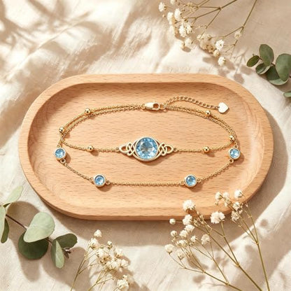 Midari 18K Gold Irish Infinity Celtic Knot Birthstone Layed Anklet Bracelet with 12 Months Birthstone Birthday Jewelry Gifts for Women Mom - color: 03-Aquamarine, size: Bracelet 7"-9"