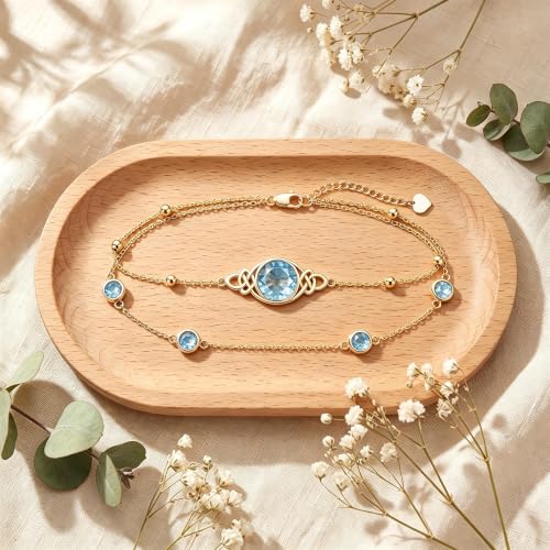 Midari 18K Gold Irish Infinity Celtic Knot Birthstone Layed Anklet Bracelet with 12 Months Birthstone Birthday Jewelry Gifts for Women Mom - color: 03-Aquamarine, size: Anklet 9"-11"