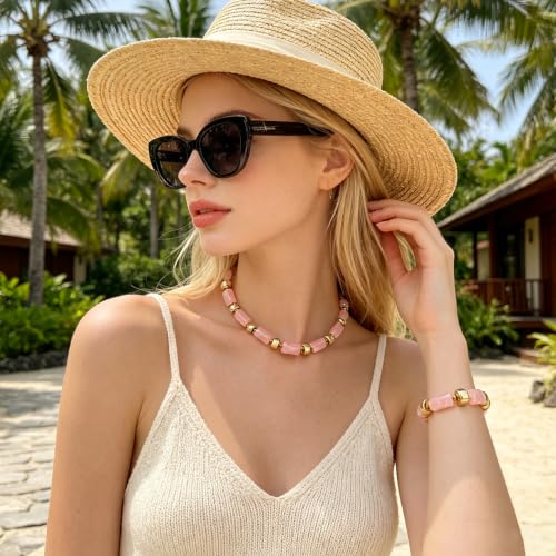 YBMYCM Colorful Resin Beaded Necklace Bracelet Set for Women, Adjustable Chunky Choker Necklace with Stretch Bracelet, Boho Statement Summer Beach Jewelry Gift for Her - color: Pink