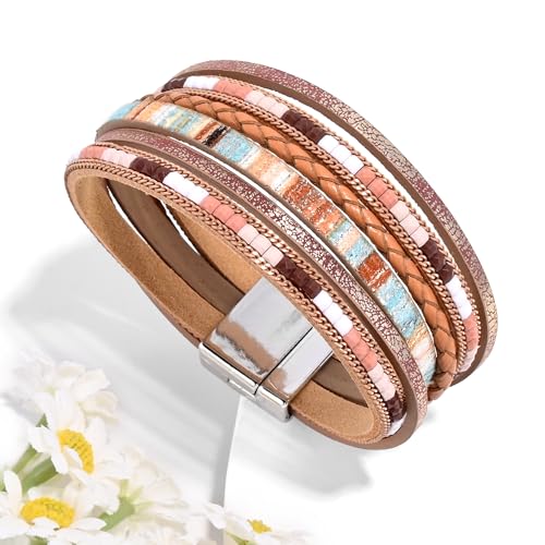 VIBILIA Boho Leather Wrap Bracelets for Women Multi-Layer Bracelets | With Strong Clasp Jewelry for Women - color: 03-BohoBraid-Khaki