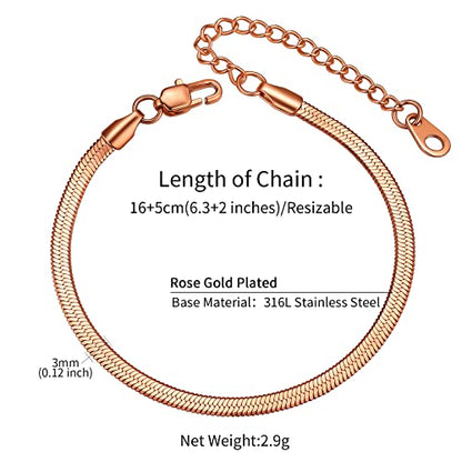 ChainsHouse Stainless Steel Herringbone Flat Chain Bracelets for Women,18K Gold/Rose Gold/Black Metal Paperclip/Snake/Cuban/Figaro Sterling Silver Link Charm Bracelet, 16+5cm Adjustable, With Gift Box - color: h. herringbone-rose gold-3mm