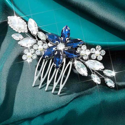 Silver Crystal Hair Comb Rhinestone Bridal Wedding Hair Pieces Flower Hair Accessories for Women and Brides (Blue)