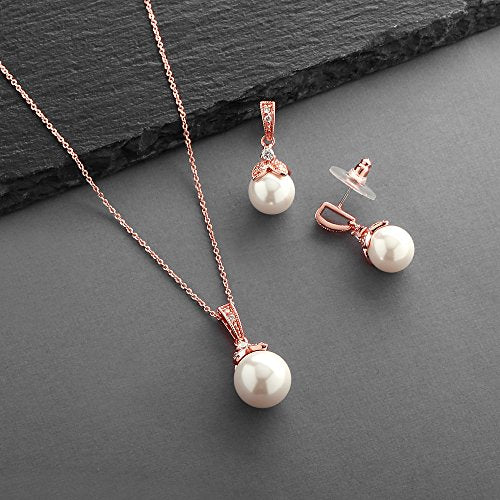 Mariell Pearl Drop Bridal Necklace Earrings Set with CZ Crystals for Bride, Bridesmaid, Birthday Gift - color: Rose Gold Necklace Earrings Set