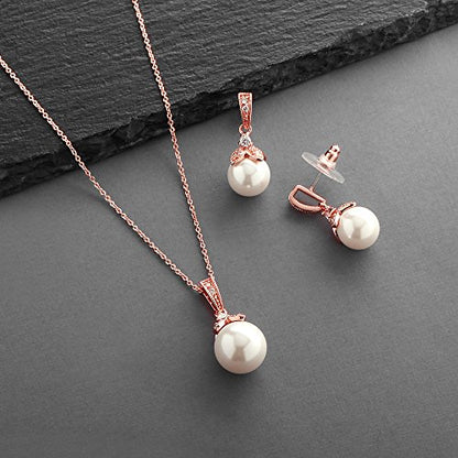 Mariell Pearl Drop Bridal Necklace Earrings Set with CZ Crystals for Bride, Bridesmaid, Birthday Gift - color: Rose Gold Necklace Earrings Set