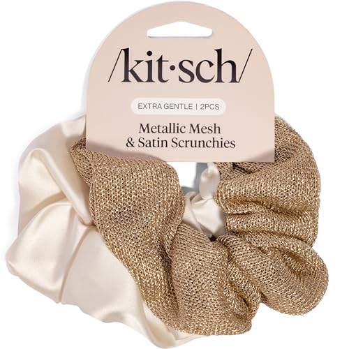 Kitsch Metallic Mesh & Satin Scrunchies For Women - Cream & Gold, 2pcs | Recycled Fabric Hair Ties for Secure Hold, Comfortable Wear – Softer Than Silk Scrunchies For All Hair Types - color: Cream & Gold